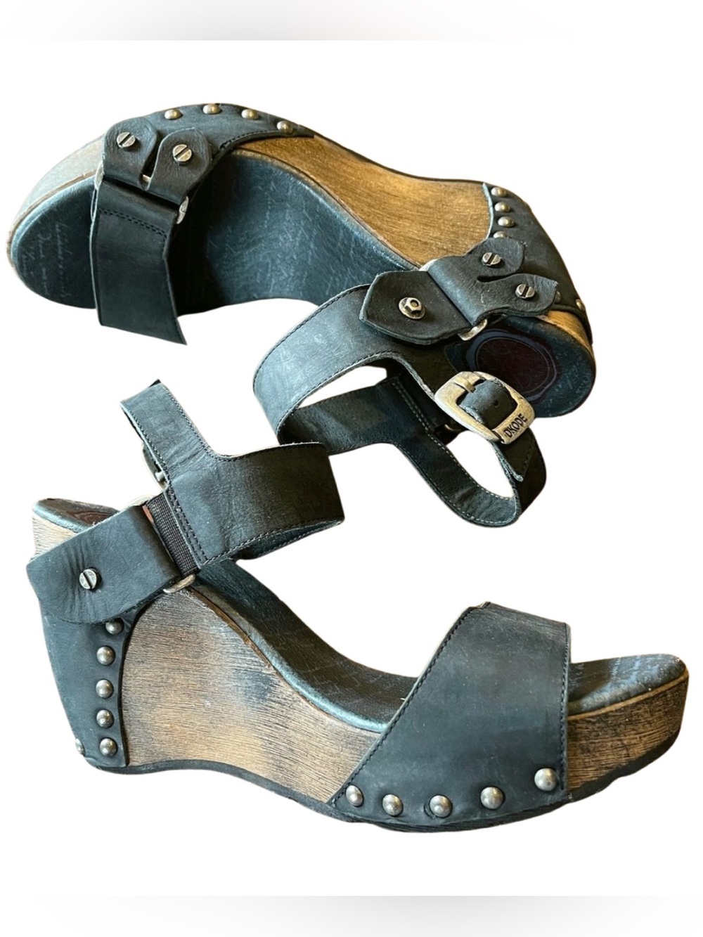 Dkode Leather Wood Wedge Sandals Studded Ankle Strap EU 38 US 7.5 8 Clog Boho